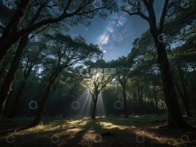 高清大图下载【趣麦麦图】夜幕森林，星光与光束交织