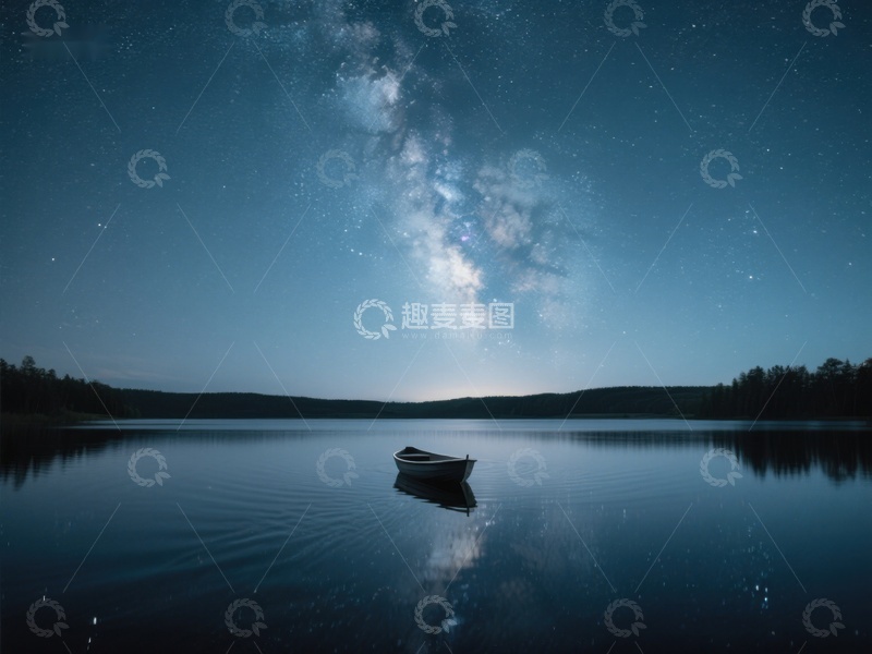 高清大图下载【趣麦麦图】夜空银河下的静谧湖面与小舟
