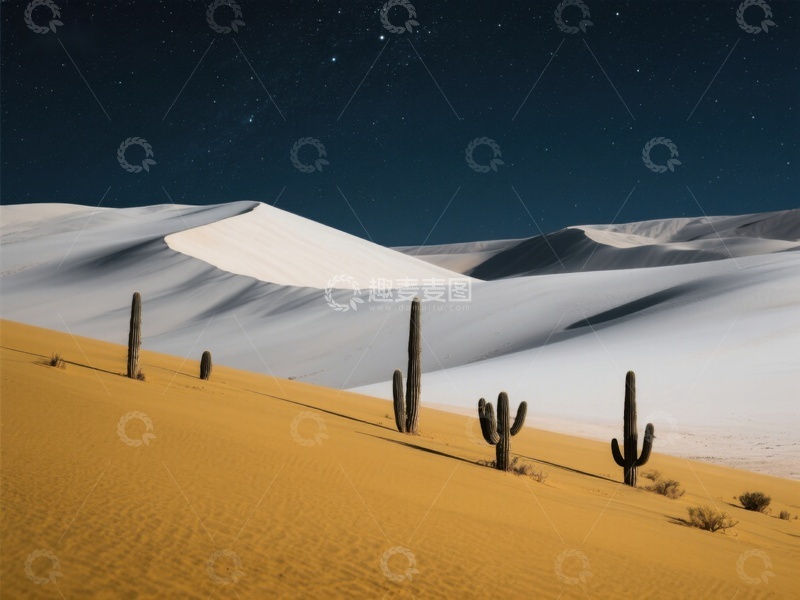 高清大图下载【趣麦麦图】夜幕下的沙漠与仙人掌