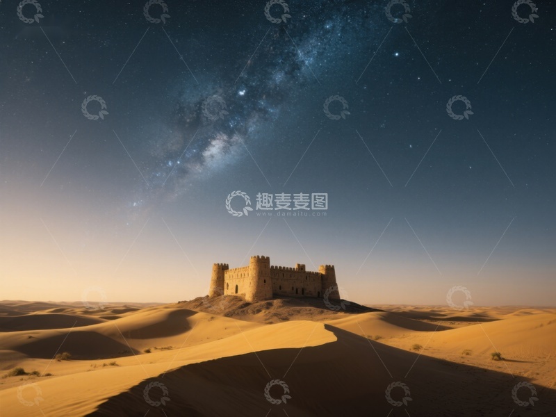 高清大图下载【趣麦麦图】沙漠城堡夜景，银河璀璨