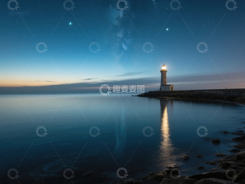 高清大图下载【趣麦麦图】夜幕下的灯塔与银河