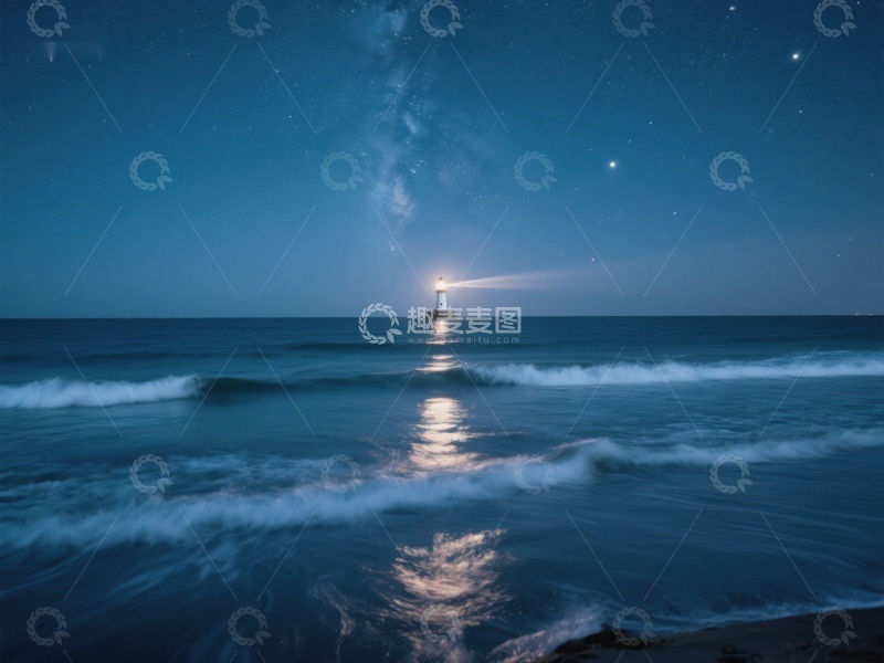 高清大图下载【趣麦麦图】夜空下的灯塔与海浪