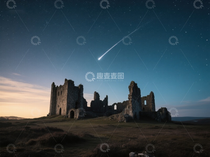 高清大图下载【趣麦麦图】流星划过夜空下的古老废墟