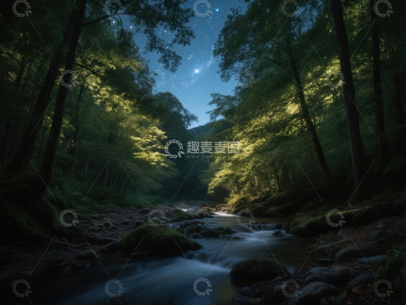 高清大图下载【趣麦麦图】月光下的森林溪流