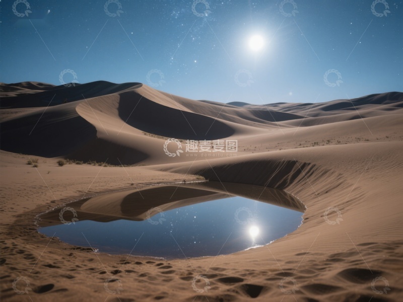 高清大图下载【趣麦麦图】沙漠月夜，水洼映月