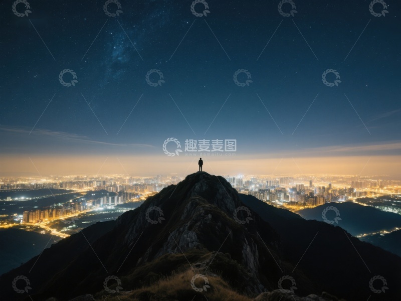 高清大图下载【趣麦麦图】山顶夜景，一人俯瞰城市灯火