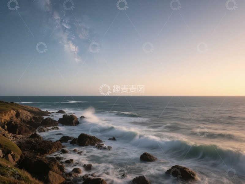 高清大图下载【趣麦麦图】海岸岩石与海浪在夕阳下的美景