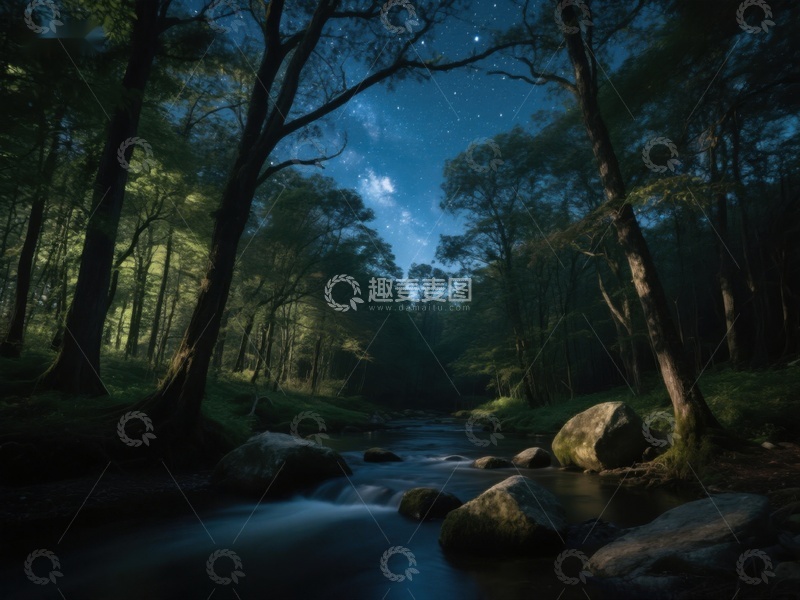 高清大图下载【趣麦麦图】月夜森林溪流