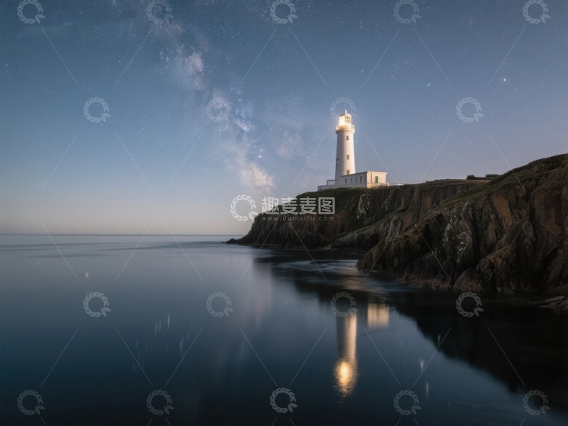 高清大图下载【趣麦麦图】夜空下的灯塔与银河