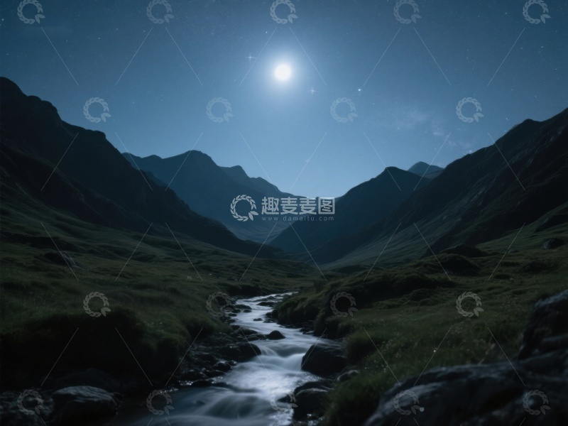 高清大图下载【趣麦麦图】月光下的山谷溪流