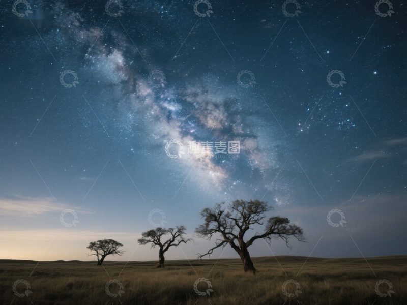 高清大图下载【趣麦麦图】银河横跨夜空，孤树点缀草原