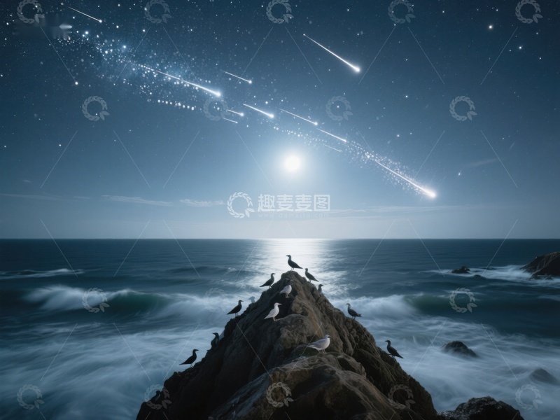 高清大图下载【趣麦麦图】夜空流星与海边岩石上的鸟群