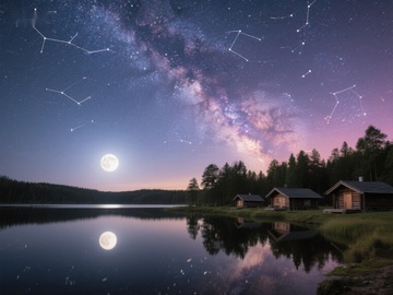 湖畔夜景：银河与满月的倒影