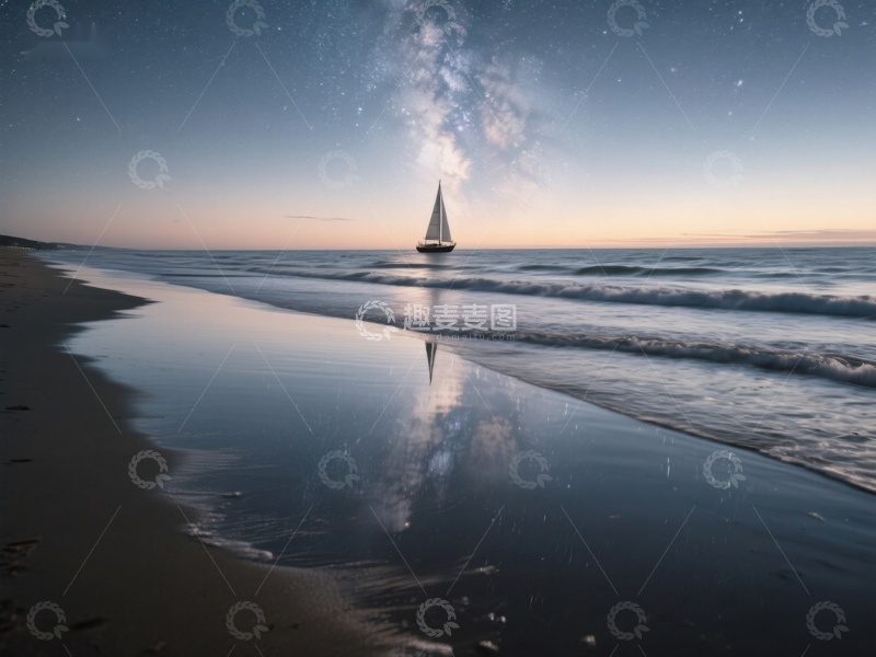 高清大图下载【趣麦麦图】星空下的帆船与沙滩倒影