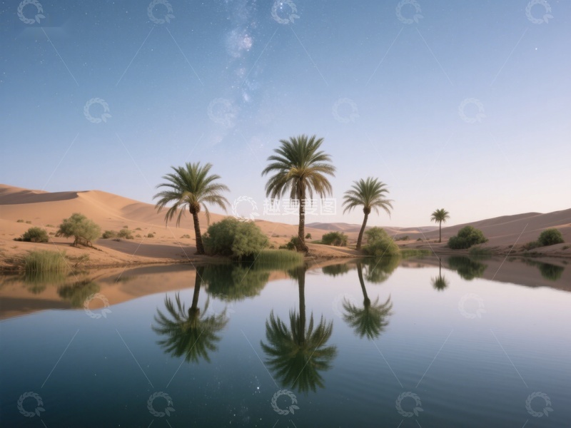 高清大图下载【趣麦麦图】沙漠绿洲，棕榈树倒影在静谧水面