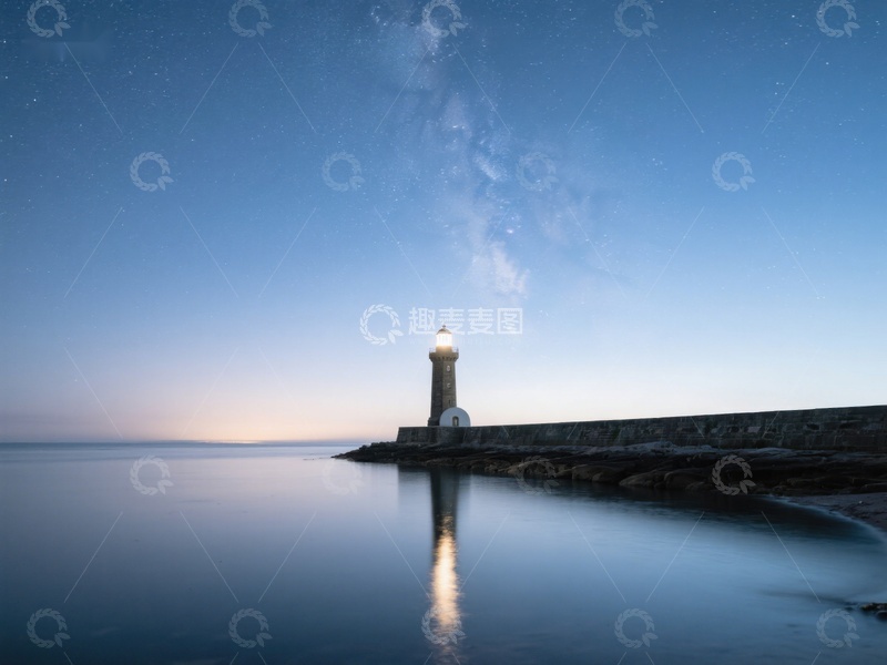 高清大图下载【趣麦麦图】夜空下的灯塔倒影