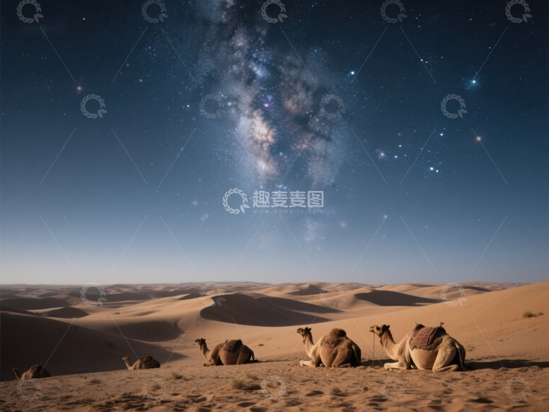 高清大图下载【趣麦麦图】沙漠夜景：骆驼与银河