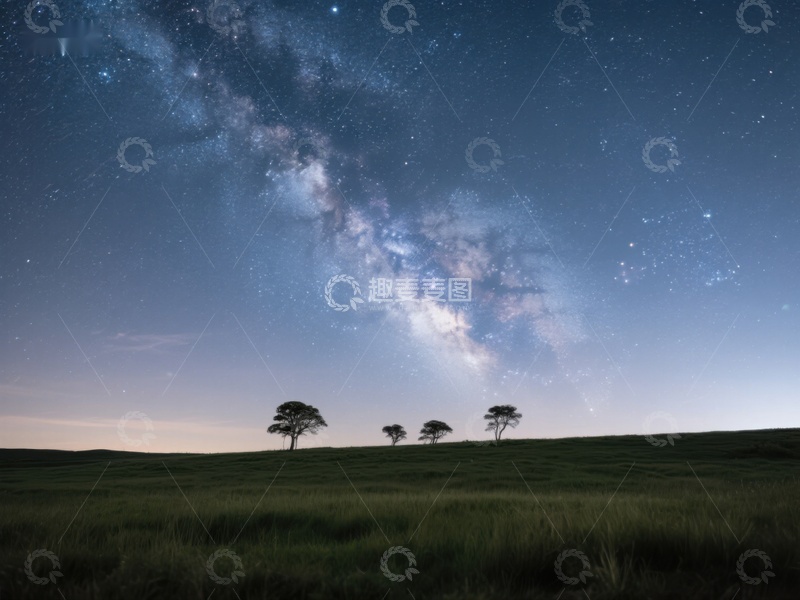 高清大图下载【趣麦麦图】银河横跨夜空，草原孤树剪影