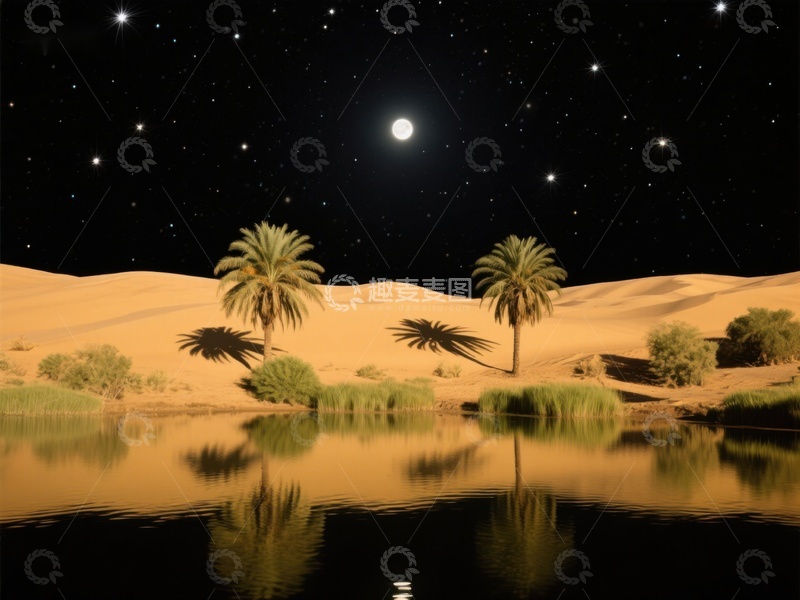 高清大图下载【趣麦麦图】沙漠绿洲夜景