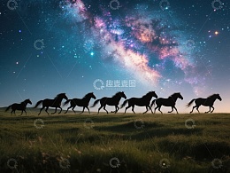夜空下奔跑的马群