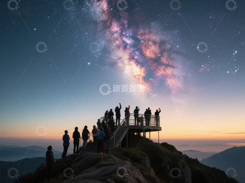 高清大图下载【趣麦麦图】山顶观星，人群仰望璀璨银河