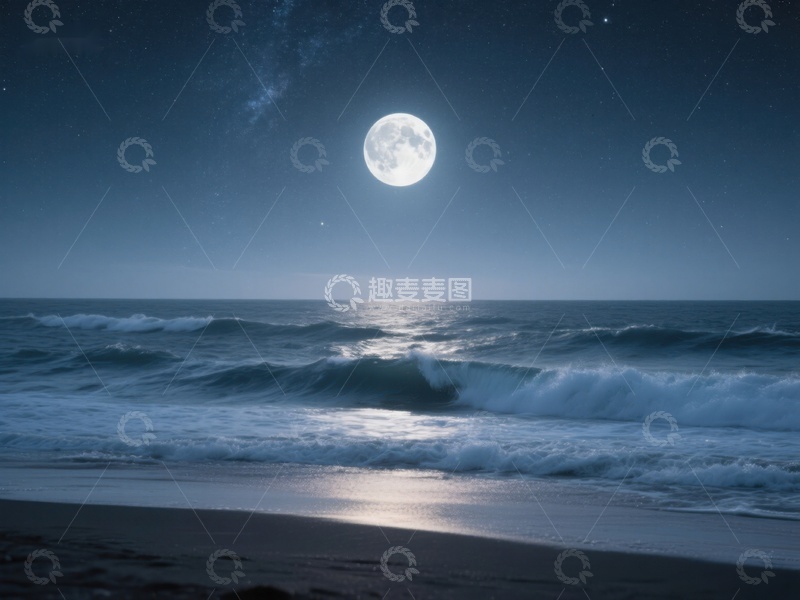 高清大图下载【趣麦麦图】月光下的海浪轻拍沙滩