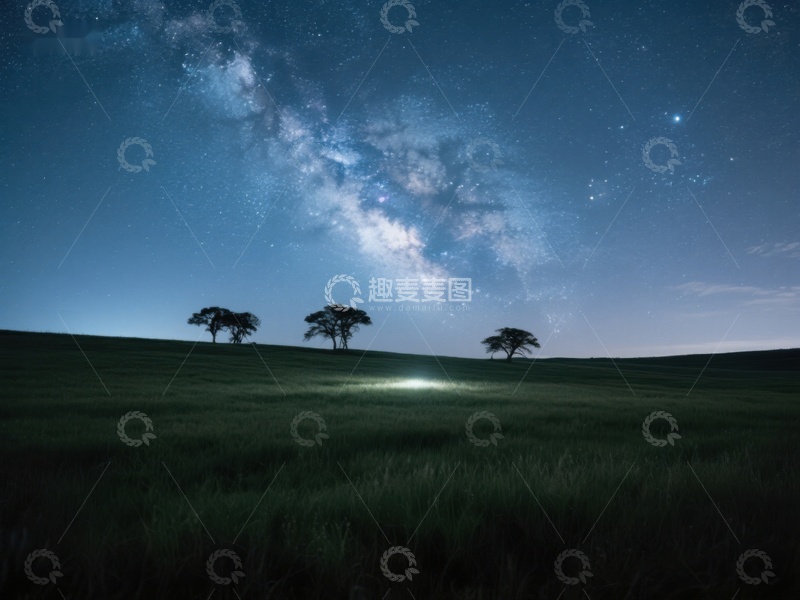高清大图下载【趣麦麦图】夜空银河下的宁静草原