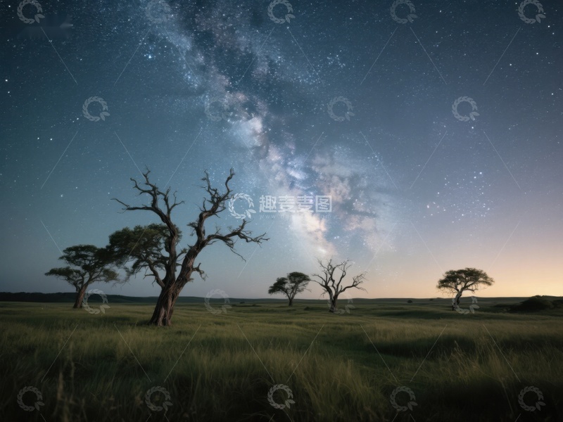 高清大图下载【趣麦麦图】星空下的草原与孤树