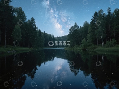 夜空下的静谧湖面