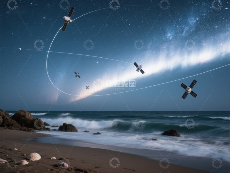 高清大图下载【趣麦麦图】卫星轨迹与夜空下的海岸