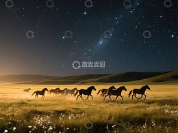 夜空下奔跑的马群