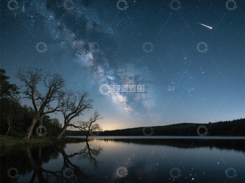 高清大图下载【趣麦麦图】银河映湖夜，树影静谧美