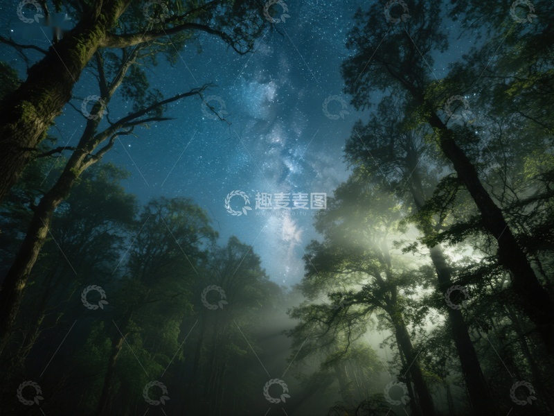 高清大图下载【趣麦麦图】夜空下的森林与银河