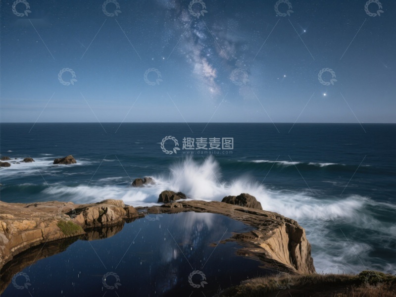 高清大图下载【趣麦麦图】夜空下的海浪与岩石