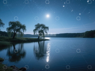 月夜湖畔，树影婆娑