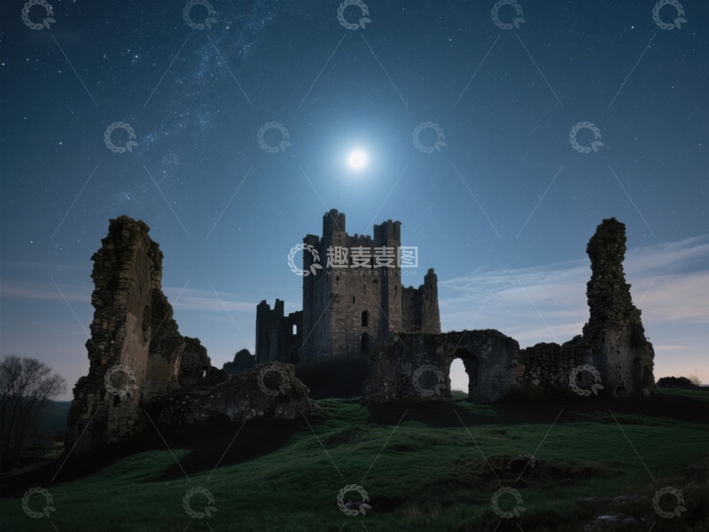 高清大图下载【趣麦麦图】月光下的古老城堡遗迹