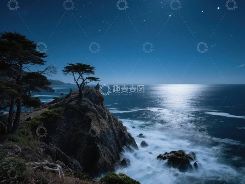 高清大图下载【趣麦麦图】夜幕下的海岸与孤树