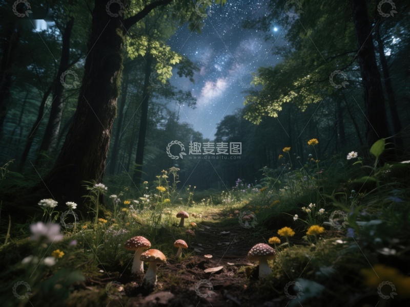 高清大图下载【趣麦麦图】夜幕森林中的蘑菇与星辰