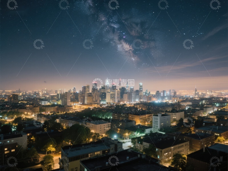 高清大图下载【趣麦麦图】夜空银河下的城市景观