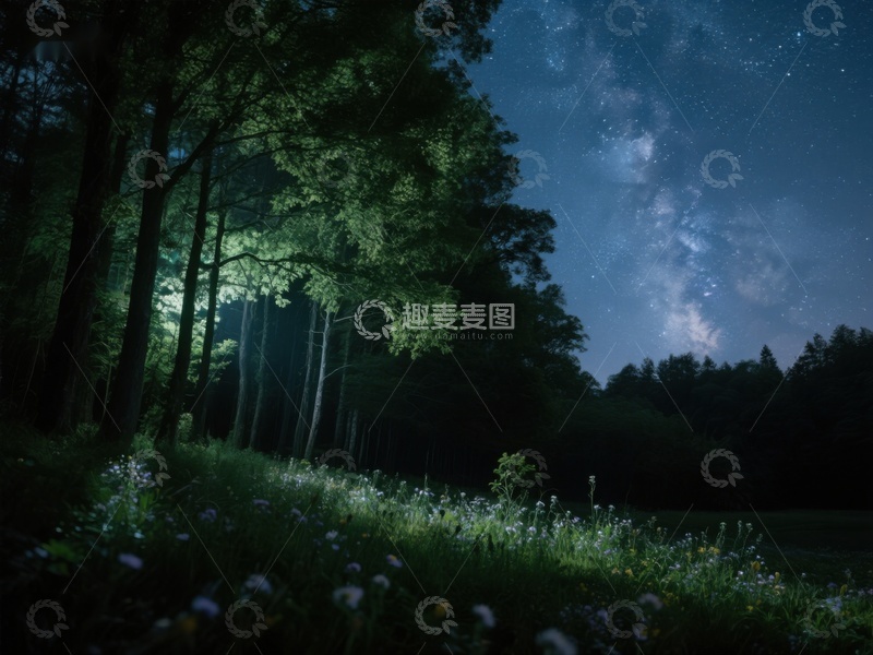 高清大图下载【趣麦麦图】夜空下的森林与银河