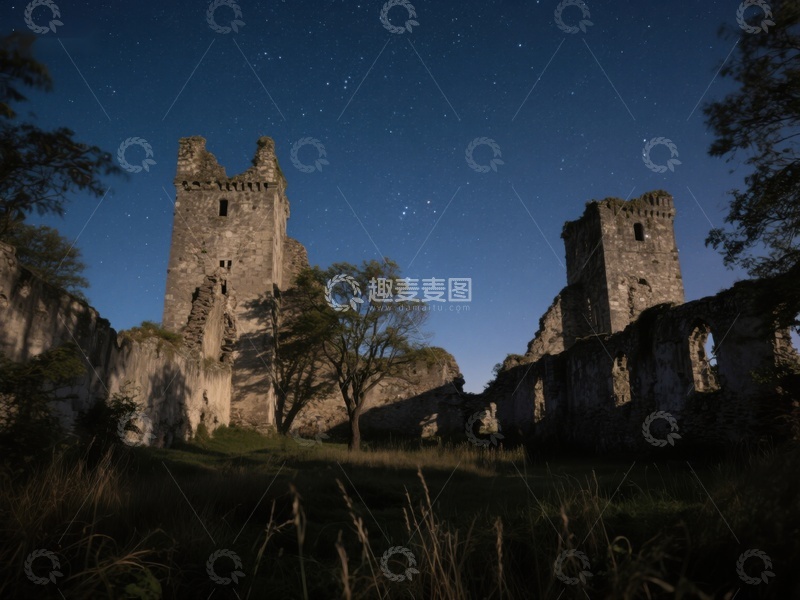 高清大图下载【趣麦麦图】夜空下的古老城堡遗迹