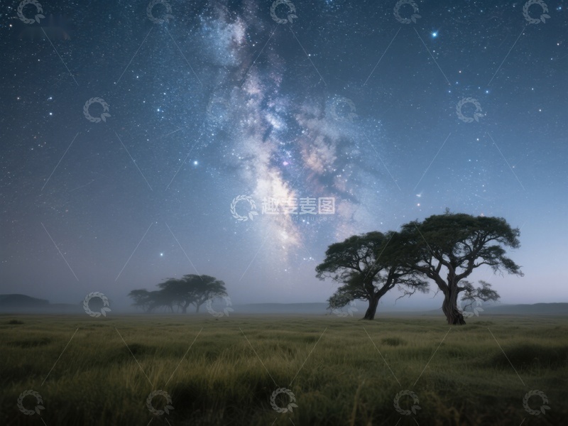 高清大图下载【趣麦麦图】-星空下的孤树与草原