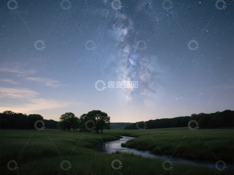 高清大图下载【趣麦麦图】银河横跨夜空，溪流蜿蜒草地