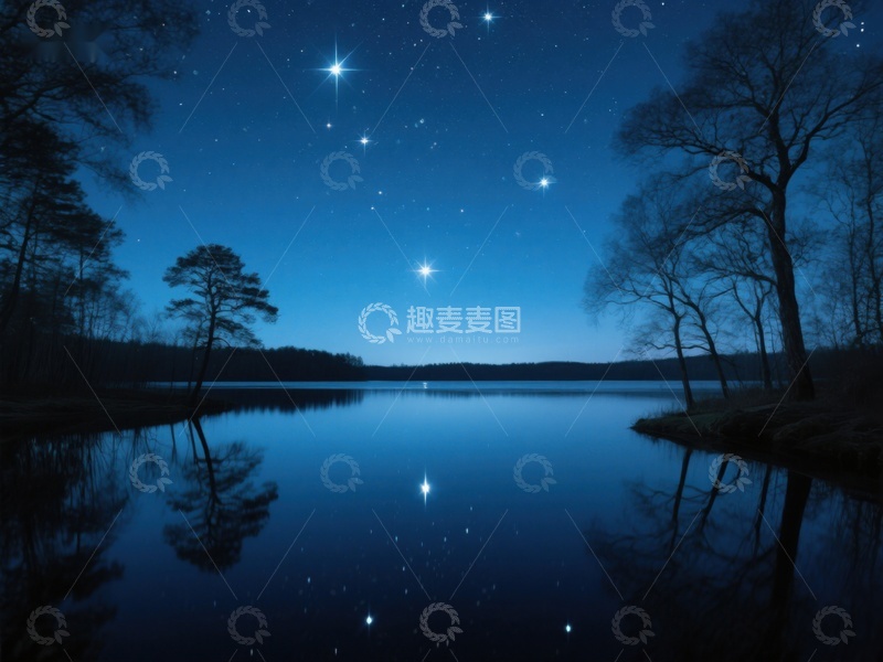 高清大图下载【趣麦麦图】夜空星辰映照湖面