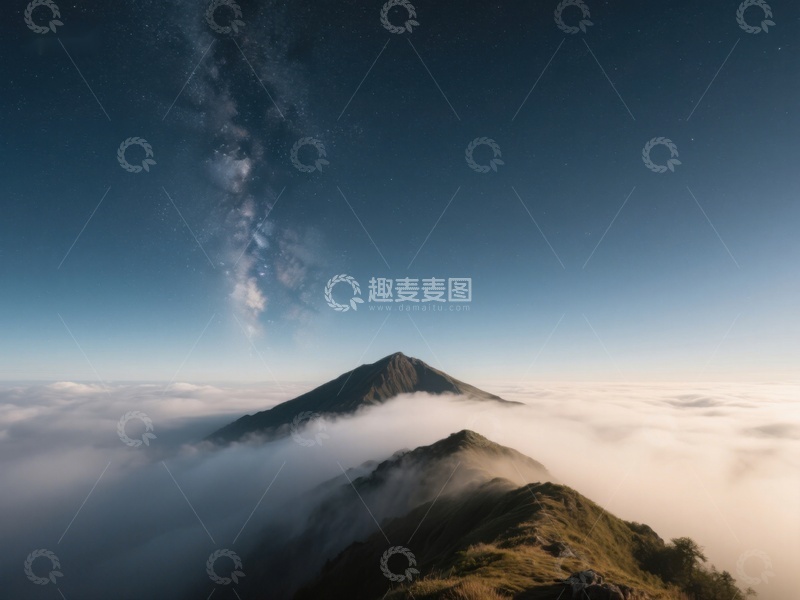 高清大图下载【趣麦麦图】云海之上，夜空星辰与山峰