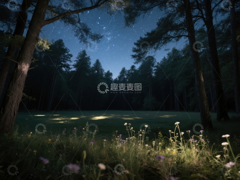高清大图下载【趣麦麦图】夜幕森林，星光下的静谧草地