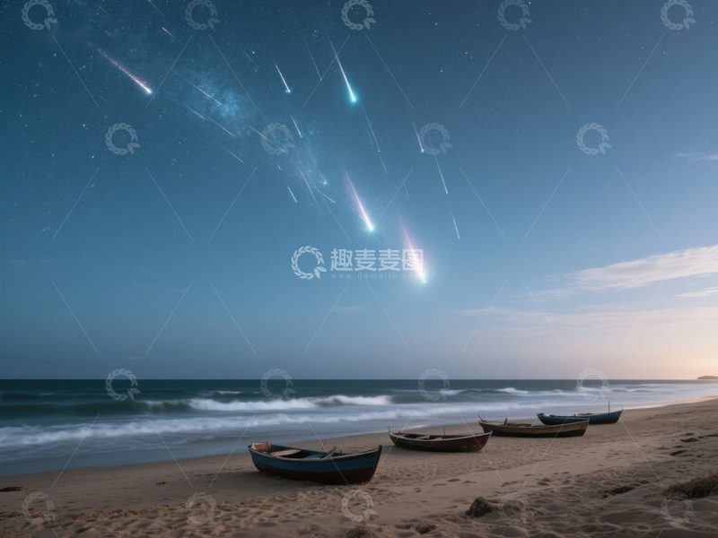 高清大图下载【趣麦麦图】海滩夜景：流星划过天际