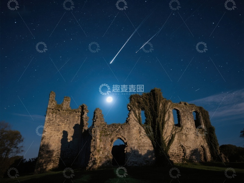 高清大图下载【趣麦麦图】夜空流星划过古堡遗迹
