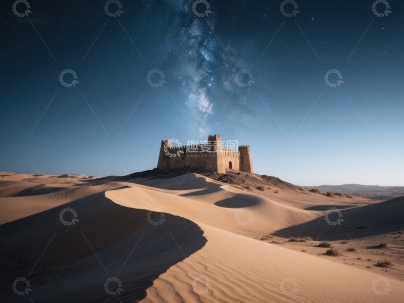 高清大图下载【趣麦麦图】沙漠中的古堡夜景