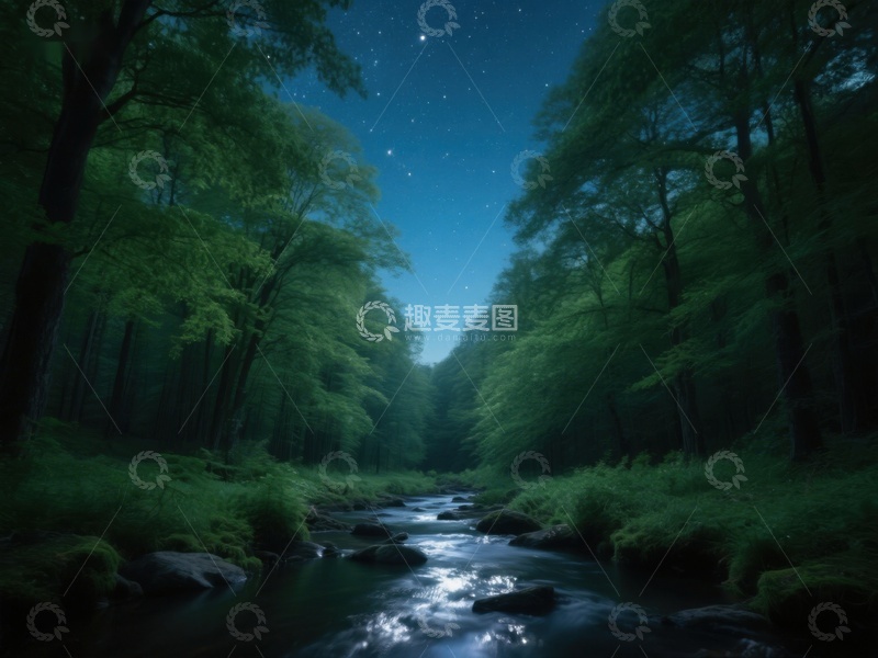 高清大图下载【趣麦麦图】夜幕下的森林溪流